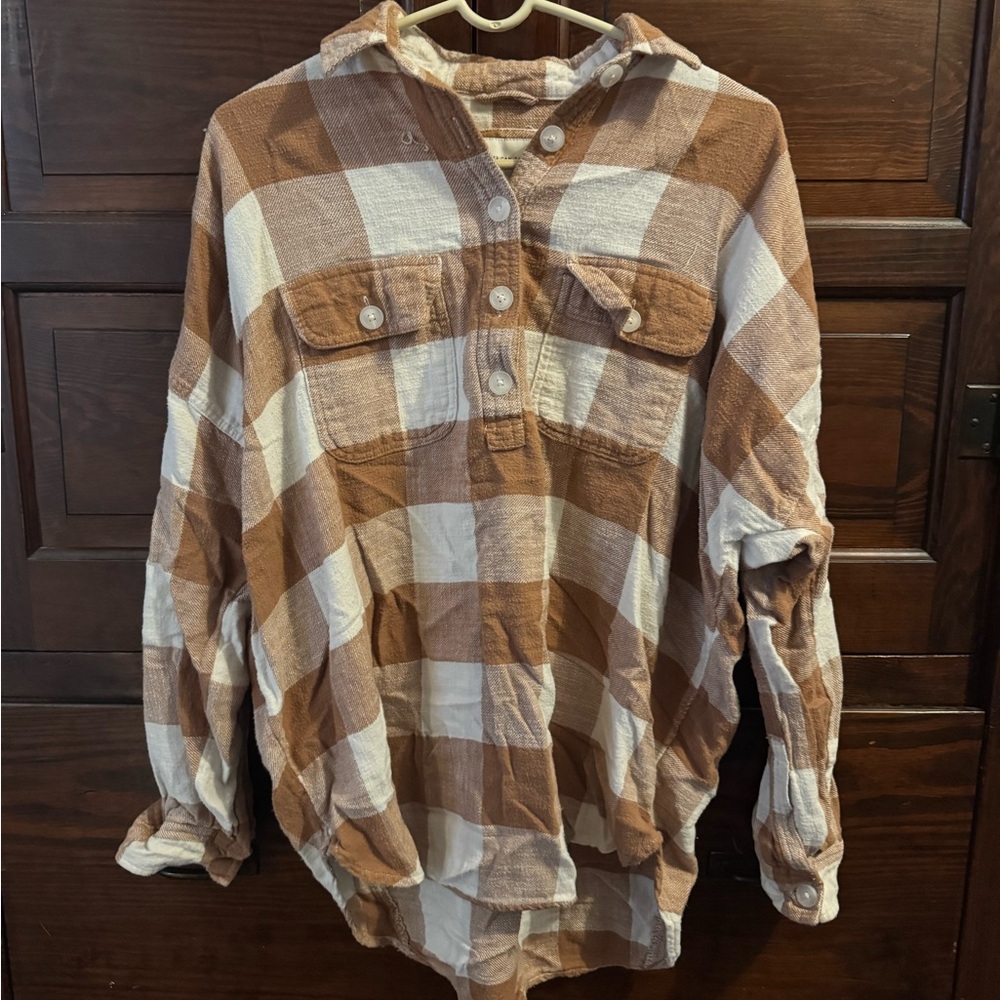 Brown and White Plaid Button-Up Shirt